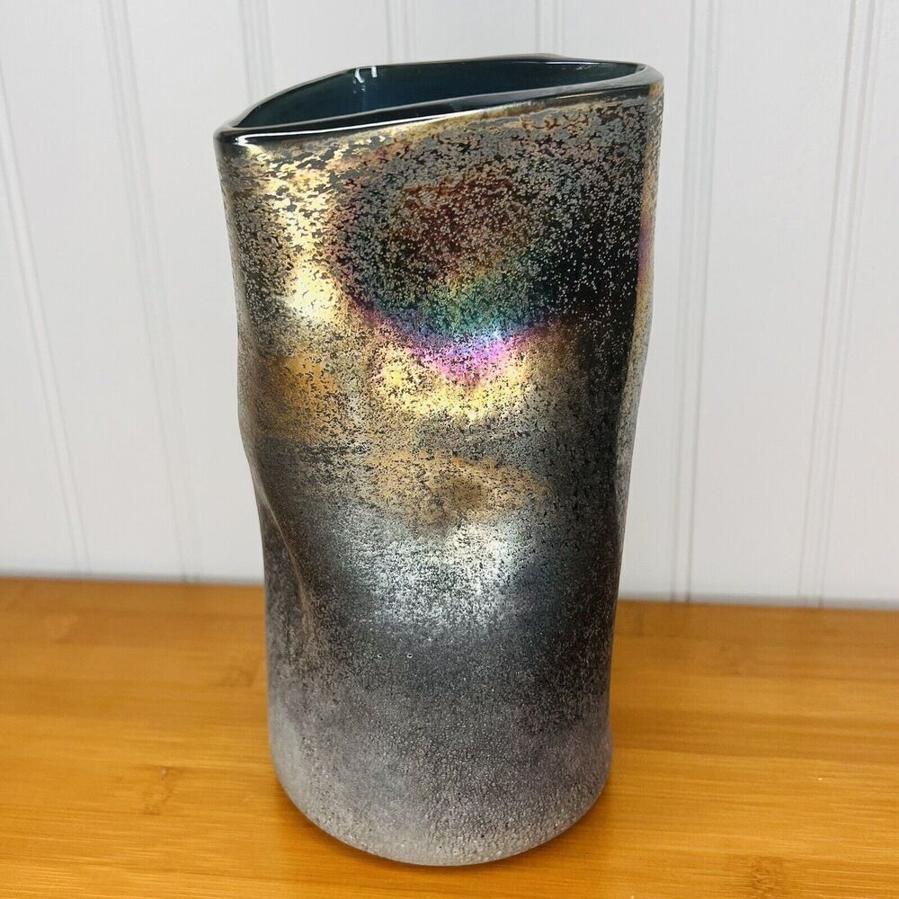 Art Glass Vase 8.25” Freeform Pinched Carnival Lava Matte Pomeroy Collection